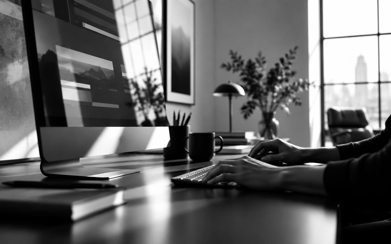 Écran et mains au travail dans un studio lumineux