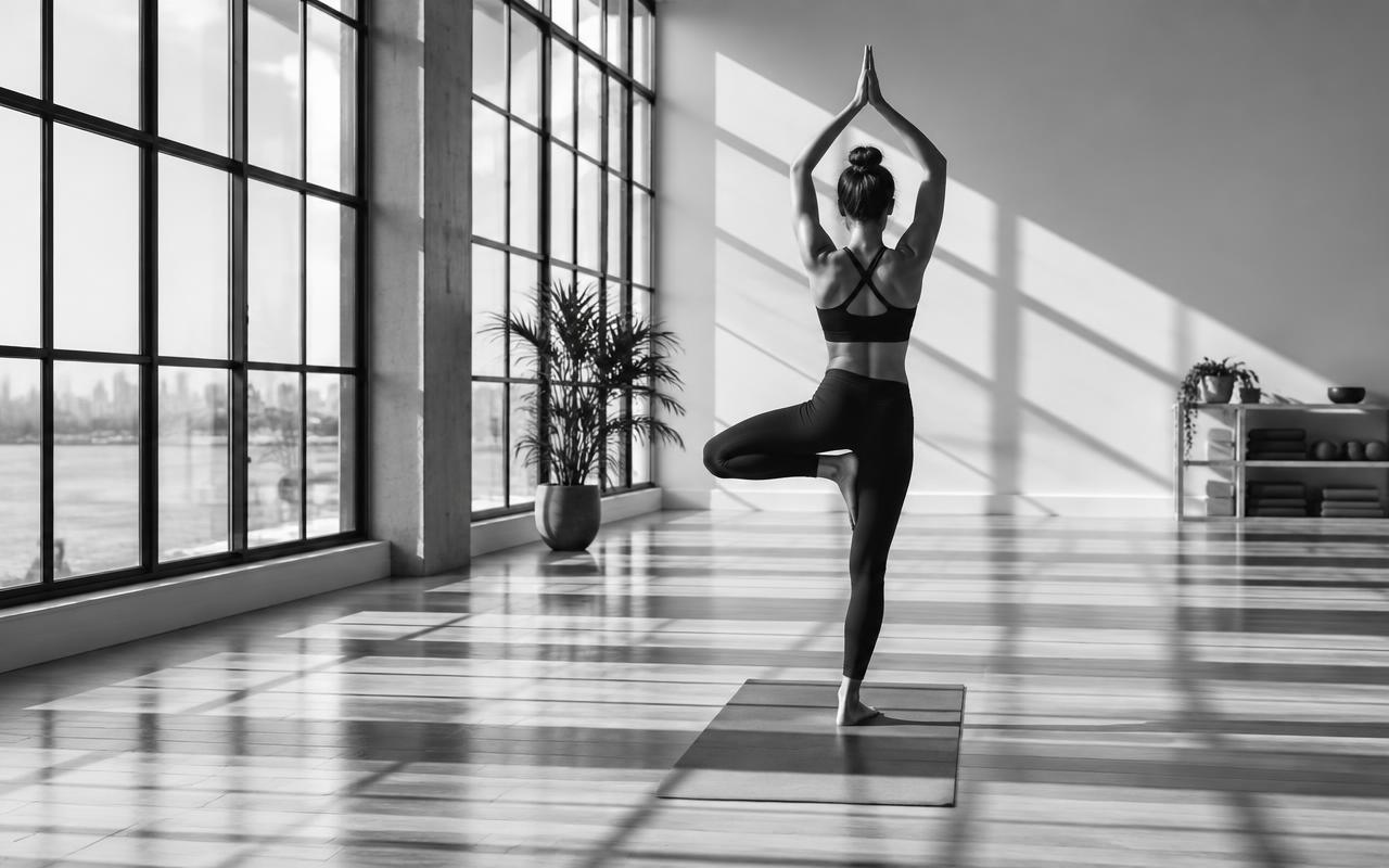 Pratique de yoga dans un studio baigné de lumière